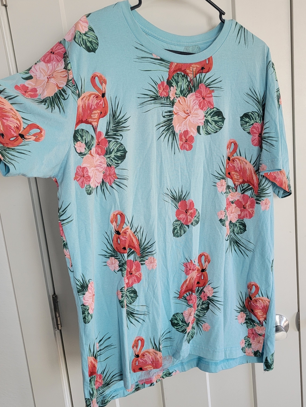 George Men's XL Blue Tropical Floral Flamingo Graphic Crew Neck T-Shirt